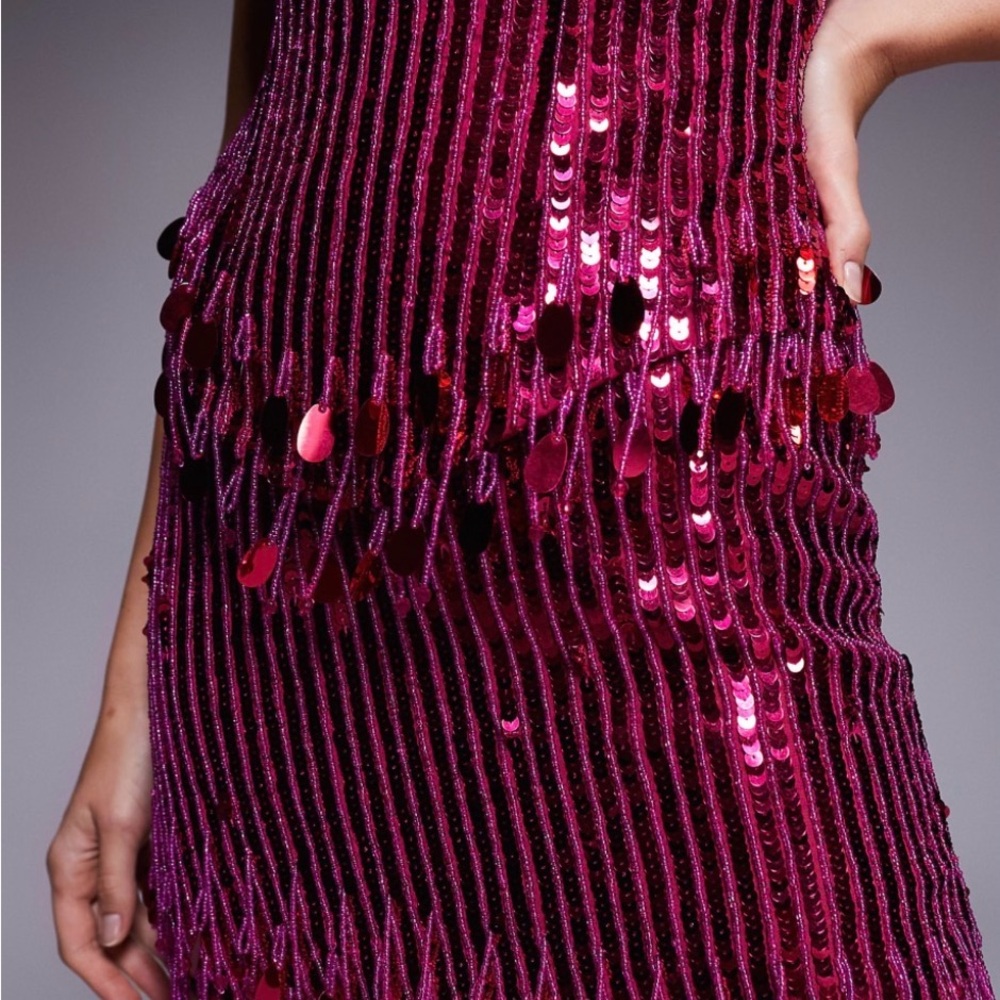 ASOS Fuchsia Sequin Fringe Mini Dress - Picture 3 of 8